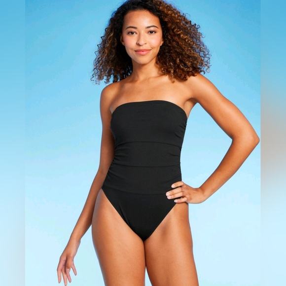 NWT Shade & Shore Black One Piece Bandeau Ribbed Cheeky Swimsuit Size Small - Picture 1 of 11